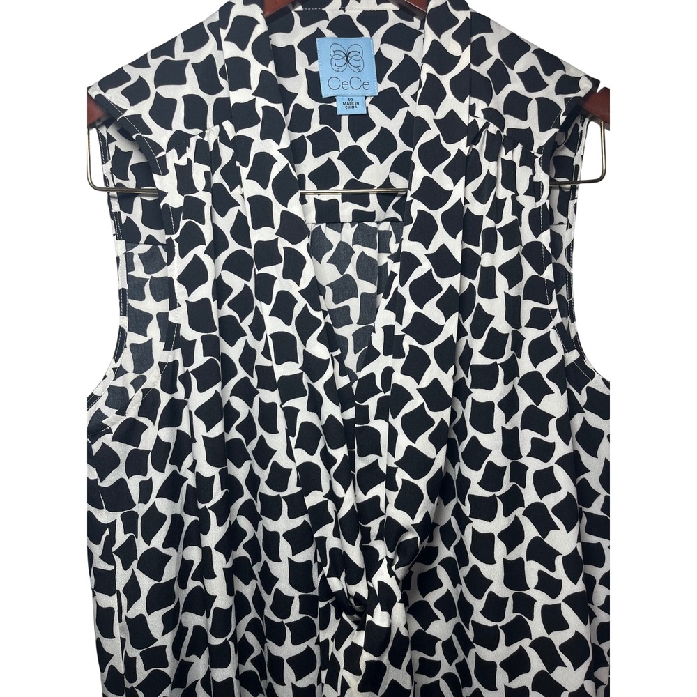 CeCe Tie Neck Shift Dress Women 10 Black White Geometric Print Sleeveless - Picture 4 of 8